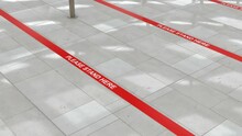 Red Queue Lines On The Floor In The Populous Place. Social Distance Must Be Observed In The Markets, Stores And Other Public Places During Covid-19 And Coronavirus Pandemic, Loopable 3d Animation.