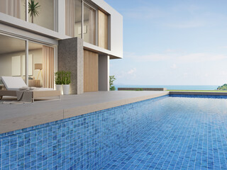 Wall Mural - Lounge chair on terrace near swimming pool and garden in modern beach house or luxury villa. Building exterior 3d rendering with sea view.