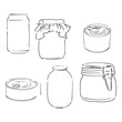 Sketch of different mason jars, metal cans and bottles. Hand-drawn vector illustration. can of canned food vector sketch illustration