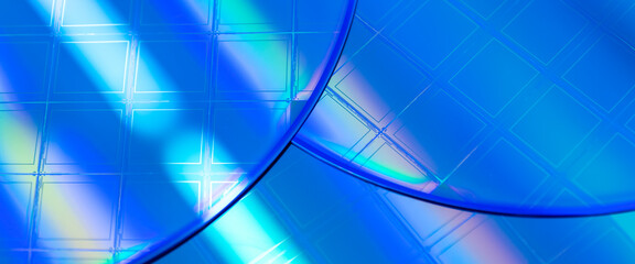 Poster - Macro of blue silicon wafer with microchips. Banner format.