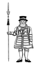 Vector Illustration Of A Yeoman Warder Popularly Known As The Beefeater, Ceremonial Guardian Of The Tower Of London