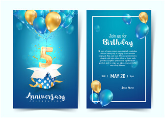 Wall Mural - Celebration of 5 th years birthday vector invitation cards. Fifth years anniversary celebration. Print templates of invitational on blue background