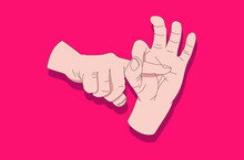 Sexual Hand Gesture - Hand And Finger Simulating Intercourse And Sex On Bright Red Background. Love And Education Concept. Vector Illustration.