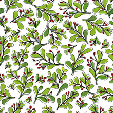 Foliage Twigs , And Red Berries, Outlined, Unfit Colored, Green Leaves, Background Seamless Pattern.