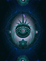 Wall Mural - vector illustration of sacred geometry symbol on abstract background. image in purple and green colo