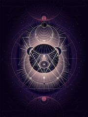 Wall Mural - vector illustration of sacred geometry symbol on abstract background. image in dark purple color.