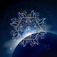 Wall Mural - vector illustration of sacred geometric symbol against the space background with sunrise. image in b