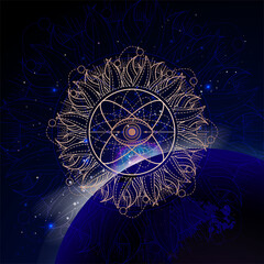 Wall Mural - Vector illustration of Sacred geometric symbol against the space background with sunrise. Image in purple and blue color. 