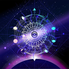 Wall Mural - Vector illustration of Sacred geometric symbol against the space background with sunrise. Image in purple color. 