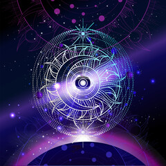 Wall Mural - Vector illustration of Sacred geometric symbol against the space background with sunrise. Image in purple and blue color. 