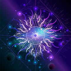 Wall Mural - vector illustration of sacred geometric symbol against the space background. image in purple and blu