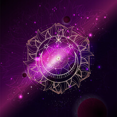 Canvas Print - Vector illustration of Sacred geometric symbol against the space background. Image in purple color. 