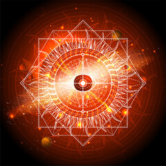 Wall Mural - Vector illustration of Sacred geometric symbol against the space background. Image in orange color.