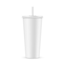 Tall Disposable Soda Cup Mockup With Straw Isolated On White Background. Vector Illustration