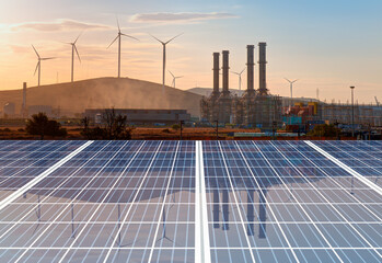 natural gas processing plant with renewable energy wind turbines generating electricity reflection t