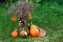 Autumn Composition Of Dried Flowers And Pumpkins On Burlap And Green Grass With Elements Of Halloween Decor. Soft Selective Focus.