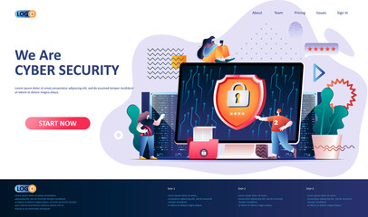 Fototapete - Cyber security flat landing page template. Firewall software, password identification and privacy web banner. Cybersecurity consultation, digital safety 3d composition. Web page vector illustration.