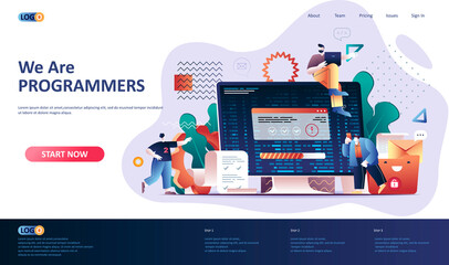 Programming software flat landing page template. Full stack software development, engineering, programming and testing web banner. 3d composition, outsourcing company. Web page vector illustration.