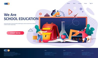 School education flat landing page template. Elementary schools education web banner. Shopping school supplies, backpack and textbook 3d composition. Web page vector illustration.