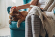 © perfectlab - Young woman sitting in a cozy armchair, with a warm blanket, with cat