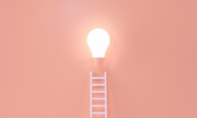 Ladder reaches up to a lit light bulb representing way to an Idea, creativity, invention concept. 3d rendering.