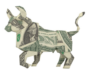 Symbol of 2021 animal Year of the Ox. Chinese Zodiac. Money origami ox. Paper folded, dollar bull or cow made from American One dollar bill. 3d Illustration for financial calendar