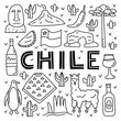 Poster with lettering and doodle outline Chile icons including Easter island statue, Villarrica volcano, araucaria tree, empanadas, penguin, poncho, alpaca, avocado oil isolated on white background.