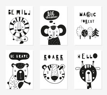 Monochrome Posters Set. Forest Jungle Animals In Scandi Style - Lion, Elephant, Bear, Tiger, Giraffe. Vector. Kids Print For Baby Clothes, Greeting Card, Wrapping. Lettering, Motivational Quotes.