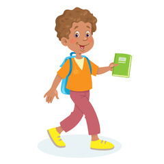 Sticker - Funny African American boy with a backpack and a book in his hand. In cartoon style. Isolated on white background. Vector flat illustration