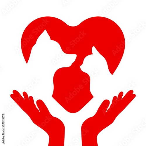 Fotomural Silhouettes of a cat and a dog on the heart in the hands of a man