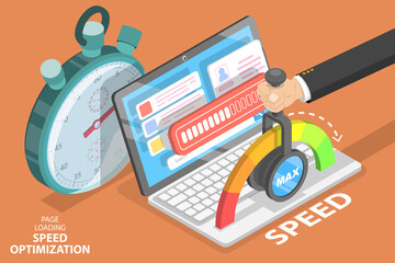 Wall Mural - webpage loading time decreasing, website speed optimization and seo. 3d isometric flat vector concep