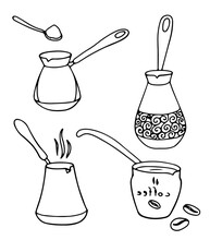 A Set Of The Same Type Of Metal Cups With Long Handles For Making Coffee.  Turks.  Coffee Makers.  Vector Illustration In Doodle Style.