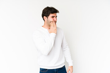 Young man isolated on white background having a strong teeth pain, molar ache.