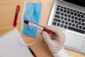 Wall Mural - Handwriting text writing Where Are You Goingquestion. Conceptual photo used to ask someone the destination headed to Extracted blood sample vial with lastest technology ready for examination