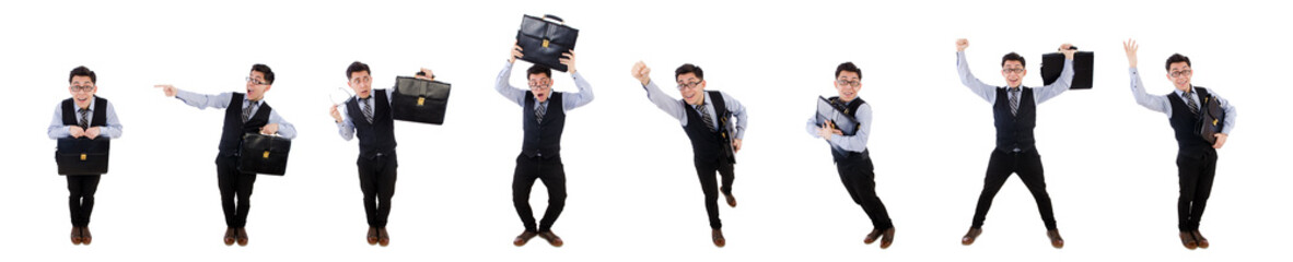 Canvas Print - Funny businessman with briefcase isolated on white