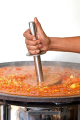 Wall Mural - Pav Bhaji being cooked in the streets of India,Indian Mumbai food Pav bhaji,Pav Bhaji is a fast food dish from India, Thick and spicy vegetable curry, selective focus