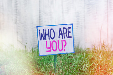 Wall Mural - Handwriting text Who Are Youquestion. Conceptual photo inviting someone to join in your local group or company Plain empty paper attached to a stick and placed in the green grassy land