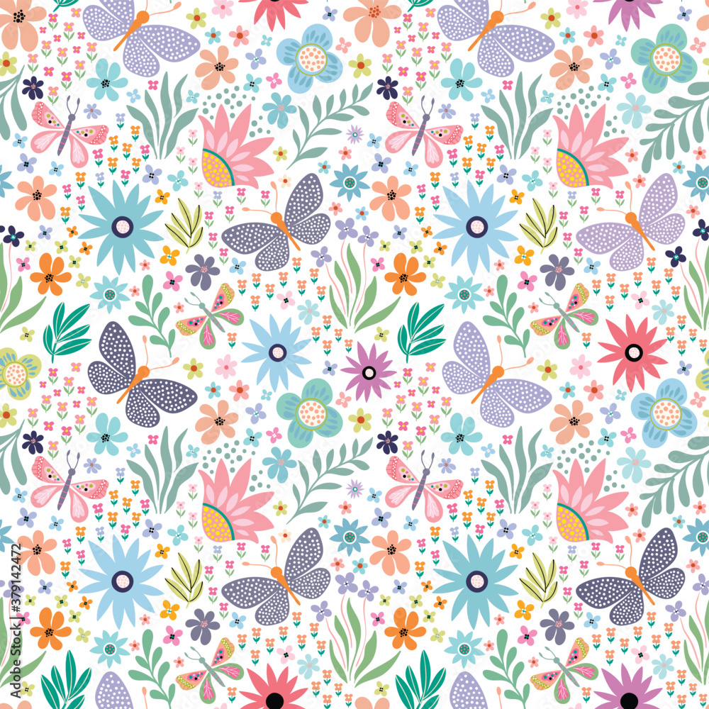 Seamless pattern with flowers and butterflies Stock Vector | Adobe Stock