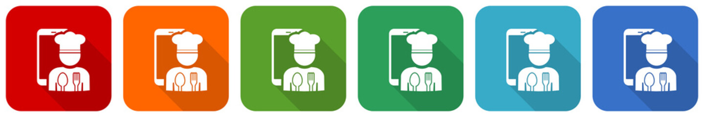 Leinwandbilder - Mobile phone, online restaurant, chef icon set, flat design vector illustration in 6 colors options for webdesign and mobile applications