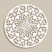 Round Lace Doily, Cutout Paper Floral Ornament, Mandala Pattern, Vintage Circle Decoration On Beige Background, Template For Laser Cutting