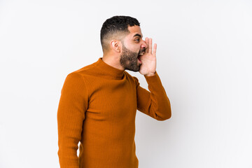 Wall Mural - Young latin man against a white background isolated shouting and holding palm near opened mouth.