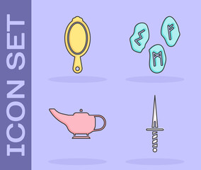 Poster - Set Dagger, Magic hand mirror, Magic lamp or Aladdin and Magic runes icon. Vector.