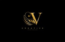 Initial V Letter Luxury Beauty Flourishes Ornament Golden Monogram Logo