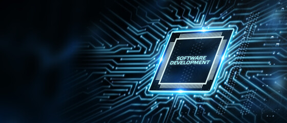 Inscription Software Development on the virtual display. Business, modern technology, internet and networking concept.