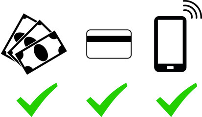 Cash, card and mobile phone payment option sign. Simple and easily understandable vector sign symbol icon. Money payment theme.