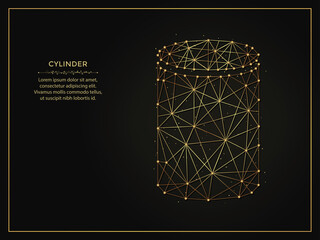 Sticker - Cylinder golden abstract illustration on dark background. Geometric shape polygonal template made from lines and dots.