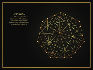 Sticker - Heptagon golden abstract illustration on dark background. Geometric shape polygonal template made from lines and dots.