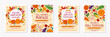 Bundle of autumn farmers market banners with pumpkins,mushrooms,eggplant,apple,zucchini,tomatoes,corn,beet,berries and floral elements.Local food fest design.Agricultural fair.Harvest season.