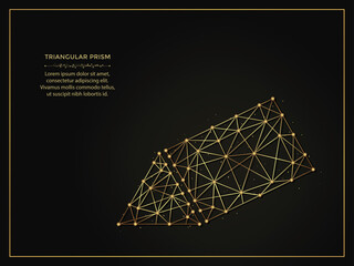 Canvas Print - Triangular prism golden abstract illustration on dark background. Geometric shape polygonal template made from lines and dots.