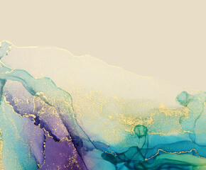 Wall Mural - abstract blue, violet and gold glitter color background. marble texture. alcohol ink colors.